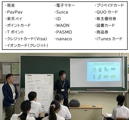  【図表上：中学生が認知している支払い手段／図表下：授業の様子①】